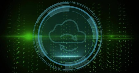 Poster - Binary digits cascading causing shield emerging, forming HUD ring showing secure cloud sync flow