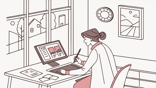 Woman graphic designer working on computer at desk in home office illustration design and art concept