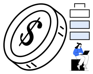 Poster - Large coin with dollar sign, progress bars, seated woman with laptop. Ideal for finance, digital marketing, financial growth, investment planning, digital economy, online earning simple flat