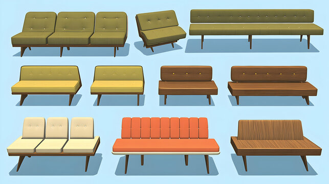 A collection eight mid-century modern sofas loveseats various colors materials, rendered 3D.