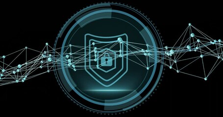 Poster - Dark screen initiating nodes pulsing around shield scanning HUD sweeping waveform for cybersecurity