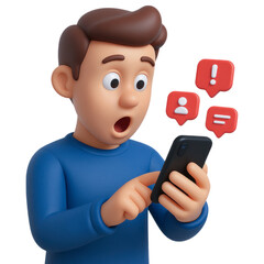Poster - A 3D cartoon man is shocked by notifications on his phone