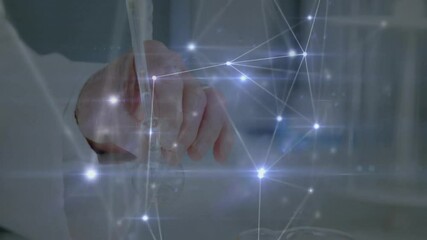 Poster - Scientist's gloved hand reacting to pulsing nodes and stirring solution in flask for lab analysis