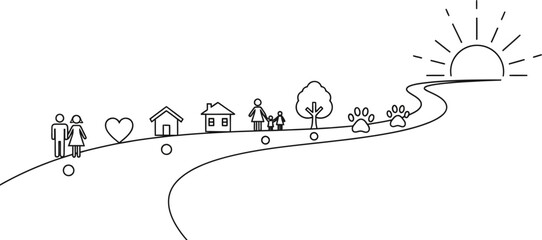 Naklejka na meble Life path journey illustration: couple, love, home, family, tree, pets, and sunrise vector design