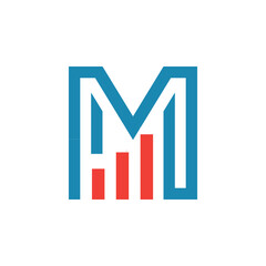 Poster - This image depicts a flat logo design of an initial letter M in blue color with an orange graph bar that looks clean and modern on a white background for statistic purposes