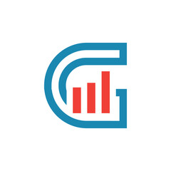 Poster - 
This image depicts a flat logo design of an initial letter G in blue color with an orange graph bar that looks clean and modern on a white background for statistic purposes
