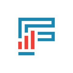 Poster - This image depicts a flat logo design of an initial letter F in blue color with an orange graph bar that looks clean and modern on a white background for statistic purposes