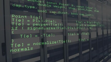 Poster - Code overlay appearing over data center rack, scrolling through routines and showing data flow