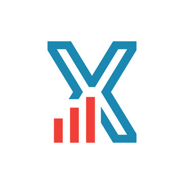 This image depicts a flat logo design of an initial letter X in blue color with an orange graph bar that looks clean and modern on a white background for statistic purposes