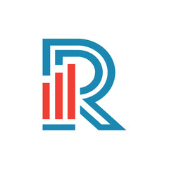 Poster - This image depicts a flat logo design of an initial letter R in blue color with an orange graph bar that looks clean and modern on a white background for statistic purposes