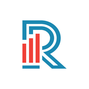 This image depicts a flat logo design of an initial letter R in blue color with an orange graph bar that looks clean and modern on a white background for statistic purposes
