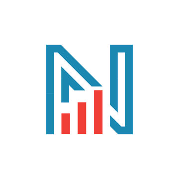 This image depicts a flat logo design of an initial letter N in blue color with an orange graph bar that looks clean and modern on a white background for statistic purposes
