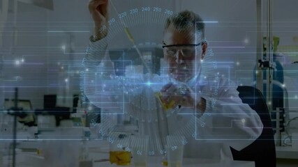 Poster - Lab scientist lifting pipette and drawing yellow solution, activating digital UI measuring color