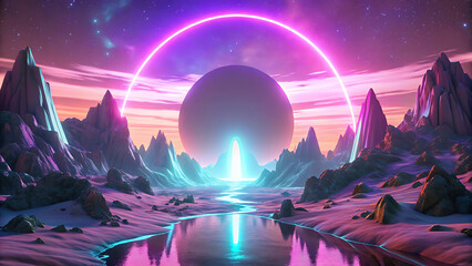 Wall Mural - Glowing Horizon Above Surreal Rocky Landscape With Dreamy Sky