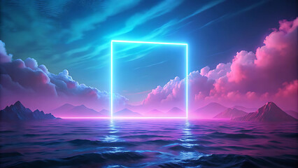Wall Mural - Neon Square Floating In Pink Blue Misty Sky Above 3D Scene