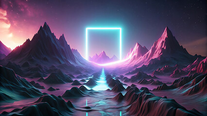 Wall Mural - Surreal Abstract Terrain Under Glowing Neon Sky With Light