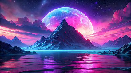 Wall Mural - Surreal Night Seascape With Glowing Pink Blue Sky Reflections