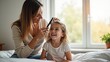 © saranya - Loving mother gently brushing her young daughter's hair in bright sunlit bedroom, tender moment of daily care routine and family bonding at home