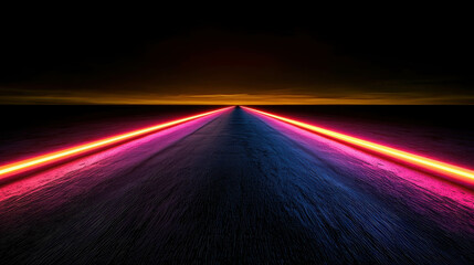 Poster - Futuristic Landscape with Neon Lights on a Dark Horizon, Vibrant Colors Stretching into the Distance, Abstract Road with Bright Illumination at Dawn