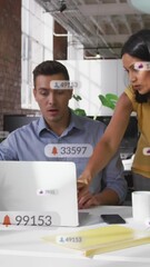Poster - Animation of multiple notification bars, diverse coworkers discussing reports on laptop in office