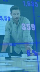 Poster - Animation of graphs and changing numbers over diverse coworkers discussing reports in office