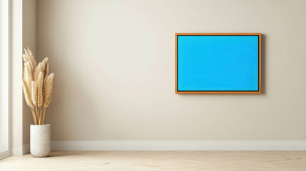 Poster - Modern Minimalist Interior Design with Empty Blue Canvas Artwork and Decorative Vase Featuring Dried Grasses in Bright Room Setting