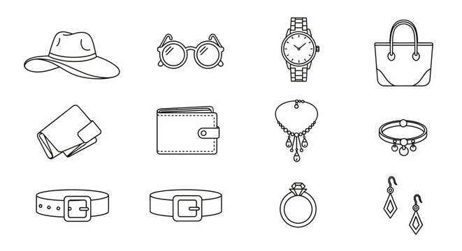 Simple line drawings of various fashion accessories.