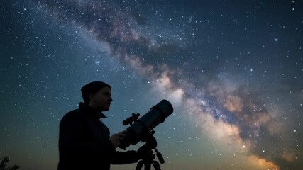 Wall Mural - silhouette of a person with a telescope under a starry sky, capturing the milky way. low-angle shot,