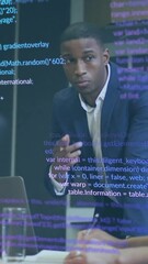 Poster - Animation of data processing over diverse colleagues discussing work in office