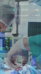 Poster - Stock market data processing over male and female surgeons performing operation at hospital