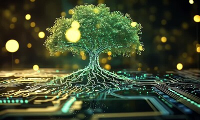 Fototapete - A tree growing on top of an electronic circuit board, with green lights in the background, 3D rendering.