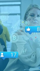 Poster - Animation of social media reactions and bitcoins over caucasian woman in office