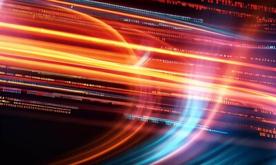 Poster - A blurred background of computer code and data streams, representing fast-paced digital technology with vibrant colors and glowing effects