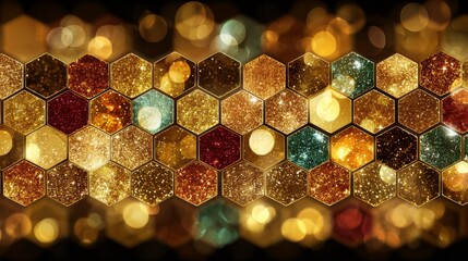 Fototapete - Geometric Pattern of Golden Bokeh Sparkling Dust with Hexagonal Shapes and Shimmering Textures for Creative Background Design
