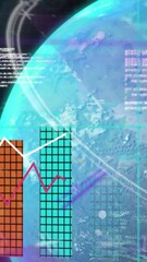 Poster - Animation of globe, numbers, data, glitch and financial graphs on black background