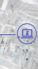 Poster - Animation of icons in flow chart, connected dots forming geometric shapes over cityscape