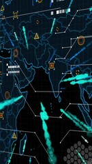 Poster - Animation of flying dots forming lines, abstract pattern, shapes over map against black background