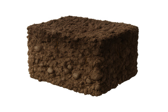 Cubic sample of soil with transparent background, perfect for agriculture and environment concepts