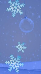 Poster - Animation of snowflakes icons falling over hanging bauble decorations against winter landscape