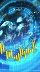 Poster - Animation of financial data processing over scope scanning with 5g symbol on black background