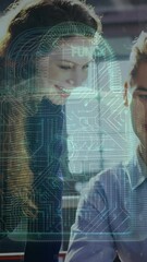 Poster - Animation of security padlock icon over diverse male and female colleagues using laptop at office