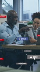 Poster - Animation of social media icons with texts over diverse business people