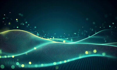 Fototapete - Abstract futuristic background with digital waves and dots, in a dark blue-green color gradient.