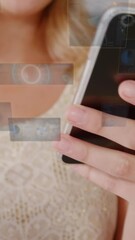 Poster - Animation of financial data processing over caucasian woman using smartphone