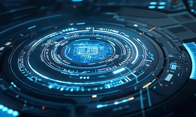 Poster - 
Abstract futuristic blue technology background with glowing circular podium and hologram elements for product presentation in a virtual space, 