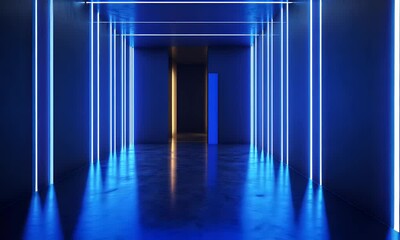 Fototapete - Abstract blue tunnel background with glowing lines, minimalistic design, simple shapes and curves,