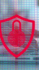 Poster - Animation of padlock in shield over numbers against cropped hands of caucasian woman using laptop
