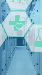 Poster - Animation of icon in hexagon pattern over binary codes and lens flares against server room