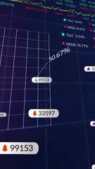 Poster - Animation of notification bars, trading board, graphs and computer language over black background