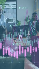 Poster - Animation of statistical data processing against diverse colleagues discussing together at office
